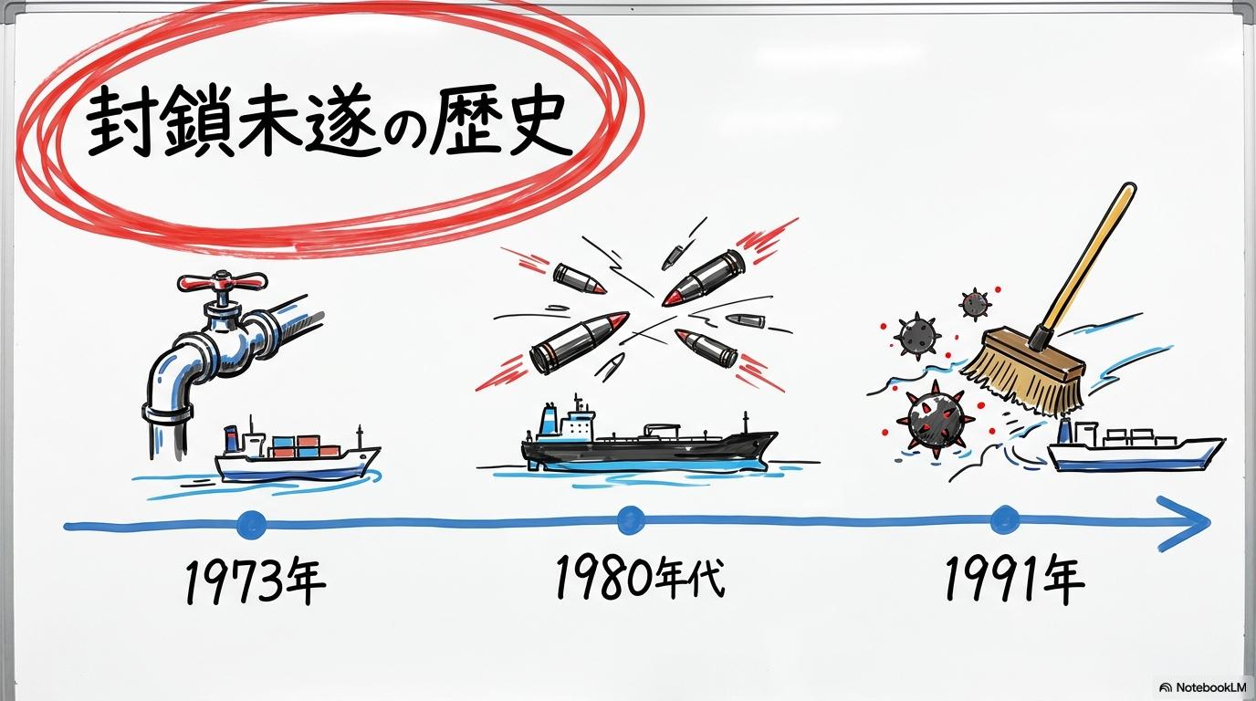 ホルムズ海峡封鎖の歴史図解。1973年、1980年代、1991年のいずれも完全封鎖には至らなかったプロセスを表現した画像。