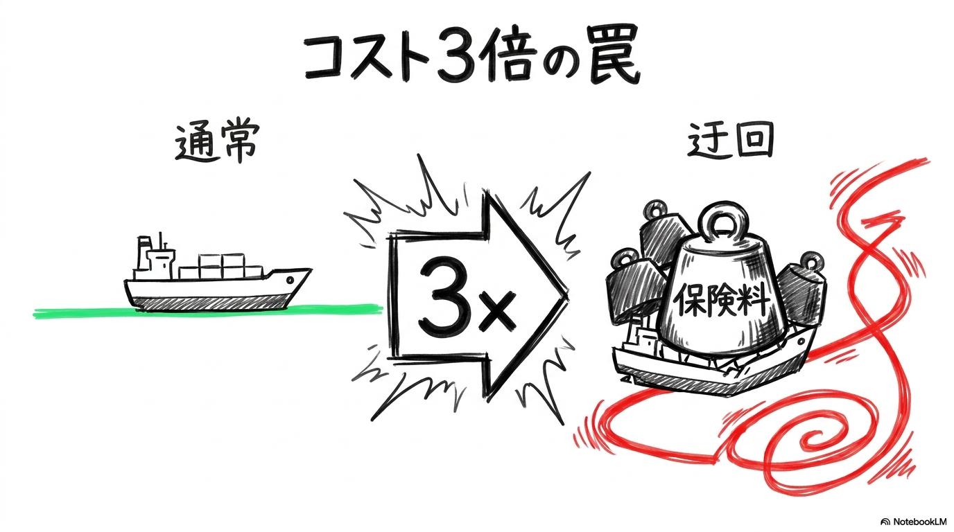 通常ルートと迂回ルートのコスト比較図解。戦争危険保険料や燃料費の増大により、コストが3倍に跳ね上がる様子を表現した画像。