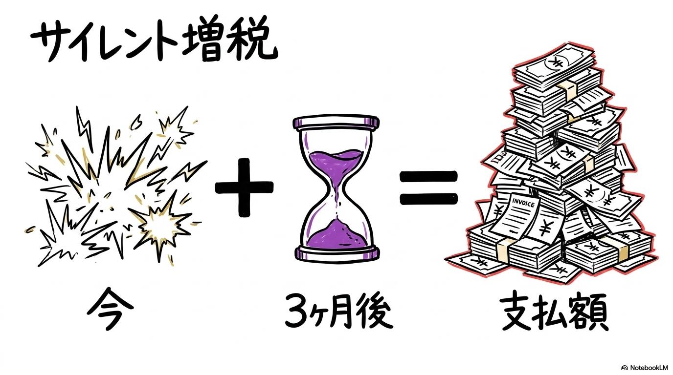 ホルムズ危機が数ヶ月遅れて家計を直撃するメカニズムの図解。燃料費調整制度によるタイムラグを表現した画像。