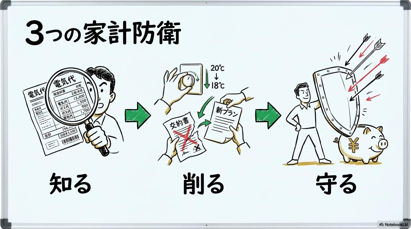 私たちが今すぐできる「家計防衛」の3ステップ図解。現状把握、節約、資産防衛のプロセスを表現した画像。