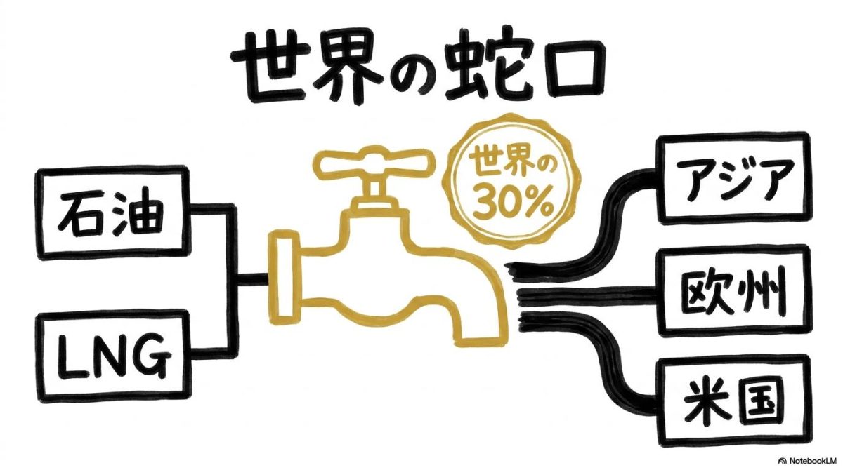 [ホルムズ海峡はなぜ重要か？]の図解。中央の蛇口（海峡）から世界へ石油が広がる様子をセンター配置で表現した画像。