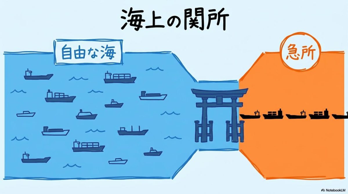 [チョークポイントとは？]の図解。広い海と狭い関所を対比させ、物流が集中する様子をスプリット構図で表現した画像。