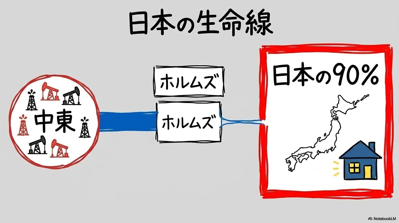 [シーレーンとは？]の図解。中東から海峡を経て日本へ届くエネルギーの流れを3ステップ図で表現した画像。