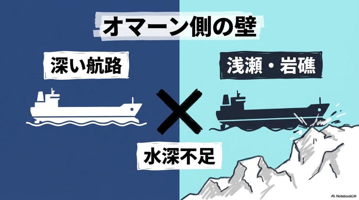 [地形のルール]の図解。深い航路とオマーン側の浅瀬を対比させ、なぜ対岸を通れないのかをVS図で表現した画像。