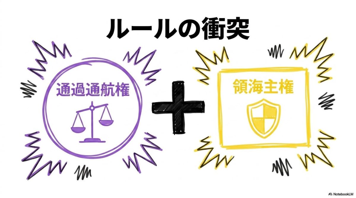 [なぜ揉めるのか？]の図解。国際法と独自主張の対立を数式図で表現した画像。