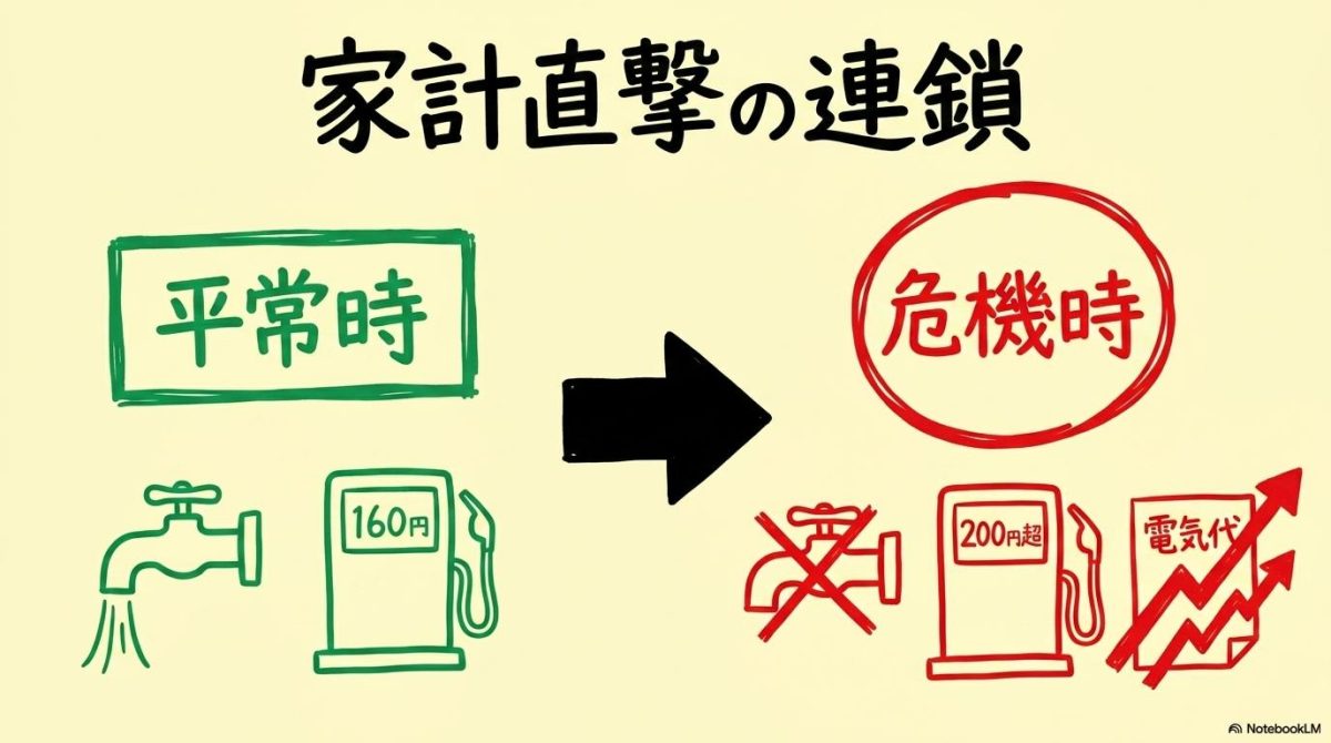 [原油価格への影響]の図解。海峡の緊張がガソリン代や公共料金に波及する様子をビフォーアフターで表現した画像。
