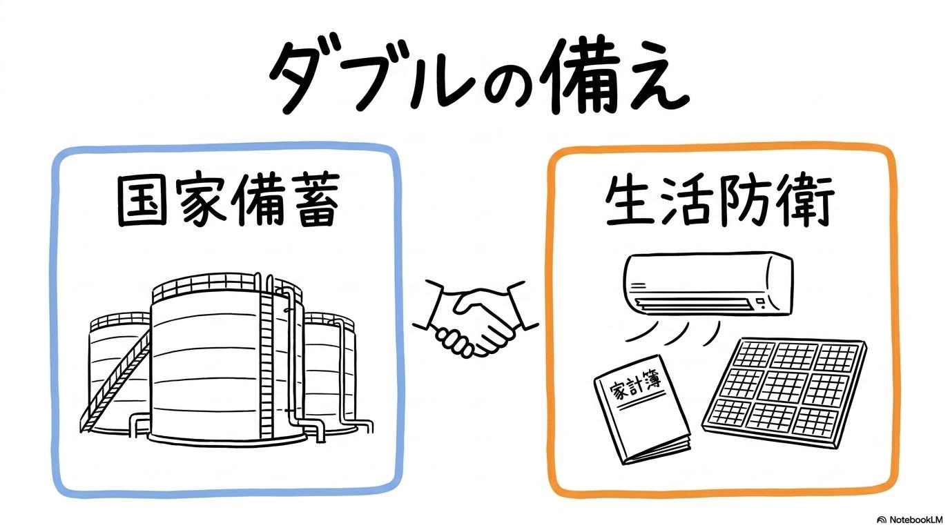 [生活防衛の心得]の図解。国家備蓄と個人の対策をカード型で整理した画像。