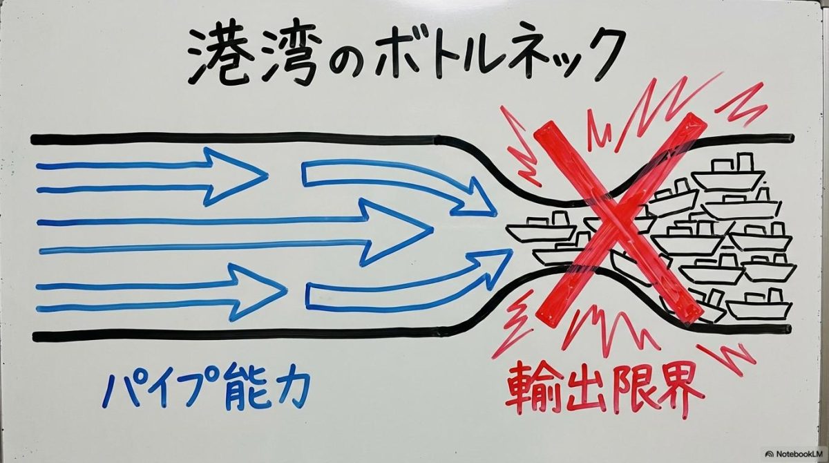 [東西パイプラインの実効限界]の図解。パイプ自体の能力と港の処理能力の差をビフォーアフター形式で表現した画像。