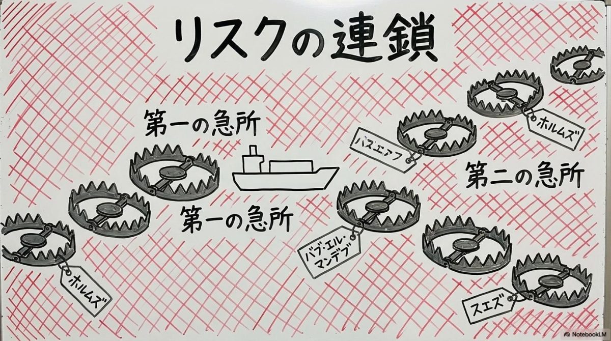 [チョークポイント・ディレンマ]の図解。一つの海峡を避けても別の急所が待ち構える構造をセンター配置で表現した画像。