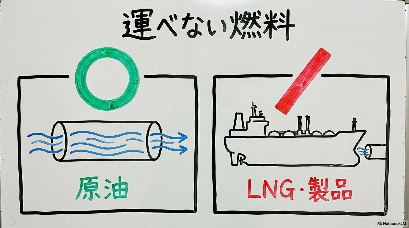 [LNG・石油製品の迂回不可]の図解。パイプラインに乗るものと乗れないものの差をカード型で表現した画像。