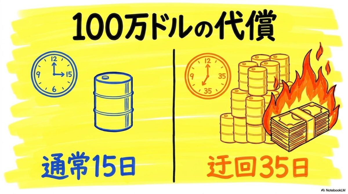 [喜望峰迂回のコスト]の図解。通常ルートと迂回ルートの日数・コストの劇的な差をスプリット構図で表現した画像。