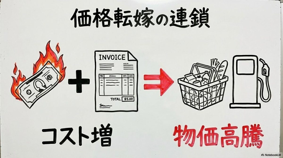 [輸送コスト増加のルール]の図解。迂回コストが最終的な物価高騰に繋がるメカニズムを数式図で表現した画像。
