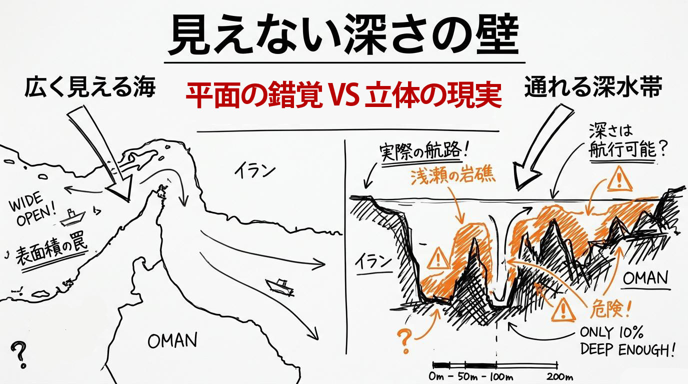 [オマーン側航行の真実]の図解。平面地図と水深図を対比させ、見た目と現実の差をVS図で表現した画像。