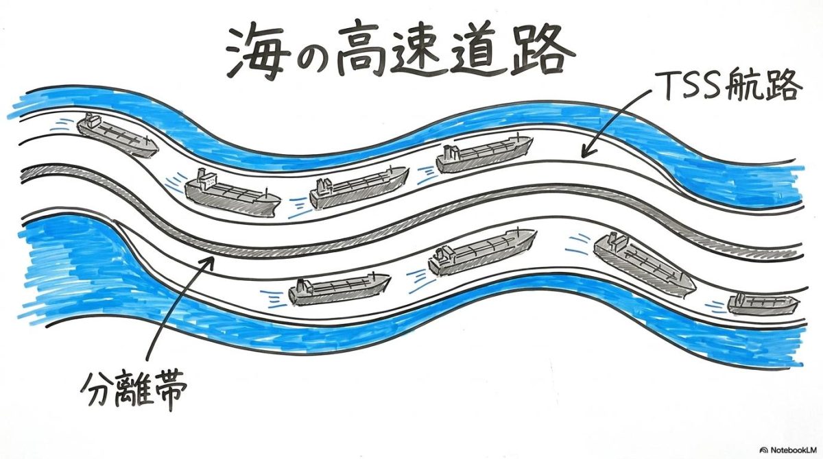 [TSSの仕組み]の図解。中央分離帯のある海上の道路をセンター配置で表現した画像。