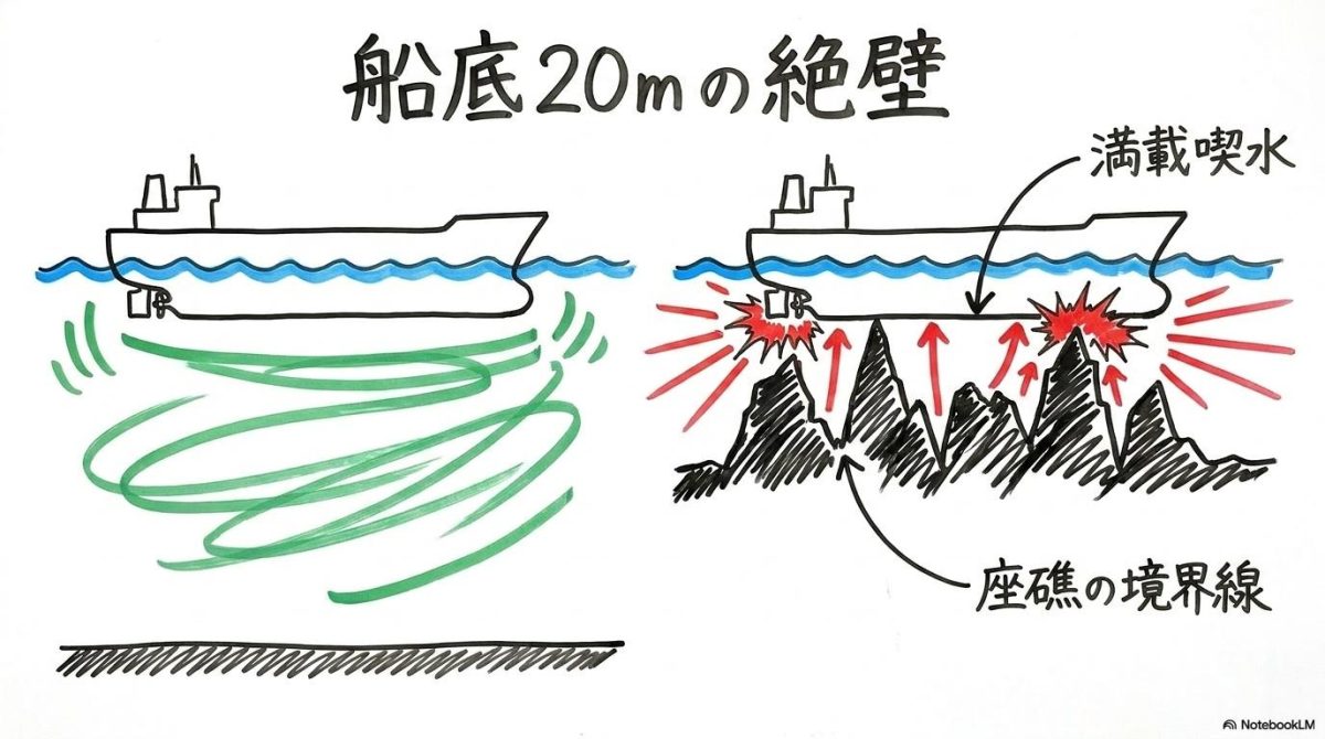 [満載喫水と水深の関係]の図解。深水部と浅瀬での船底の余裕の差をビフォーアフターで表現した画像。