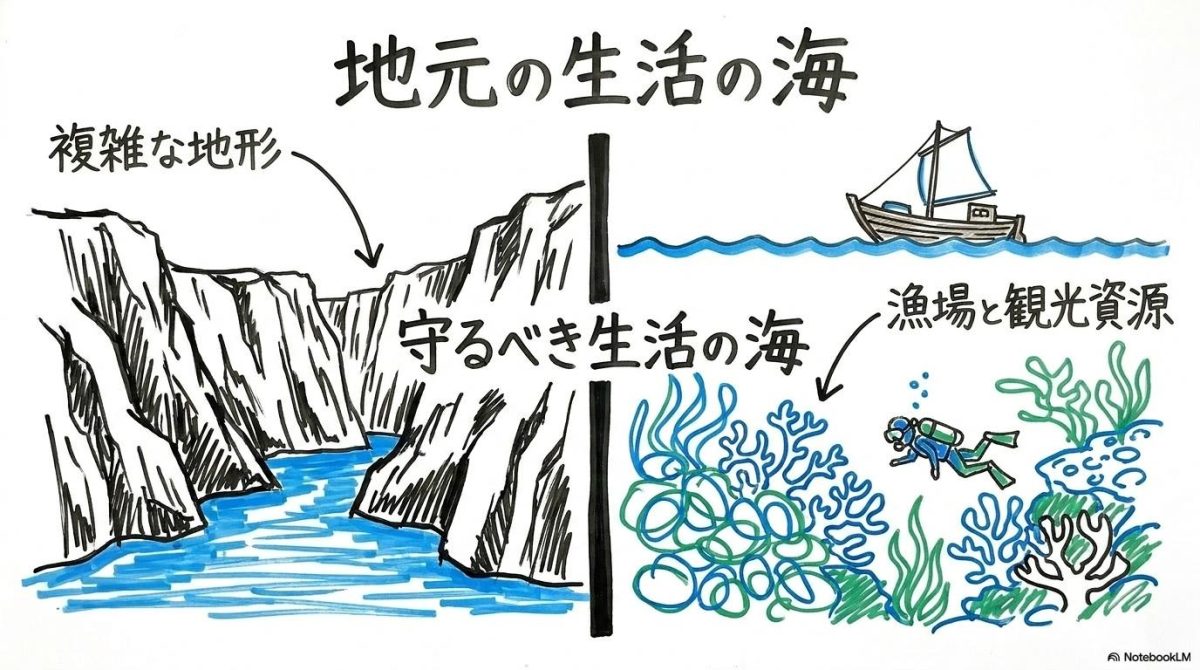 [オマーン側の地形と社会背景]の図解。険しい地形と豊かな海洋生態系をスプリット構図で表現した画像。