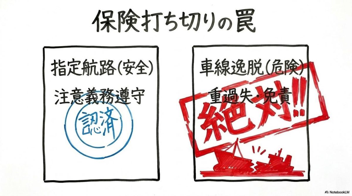 [座礁リスクと保険]の図解。ルール遵守と逸脱による保険適用の可否をカード型で表現した画像。