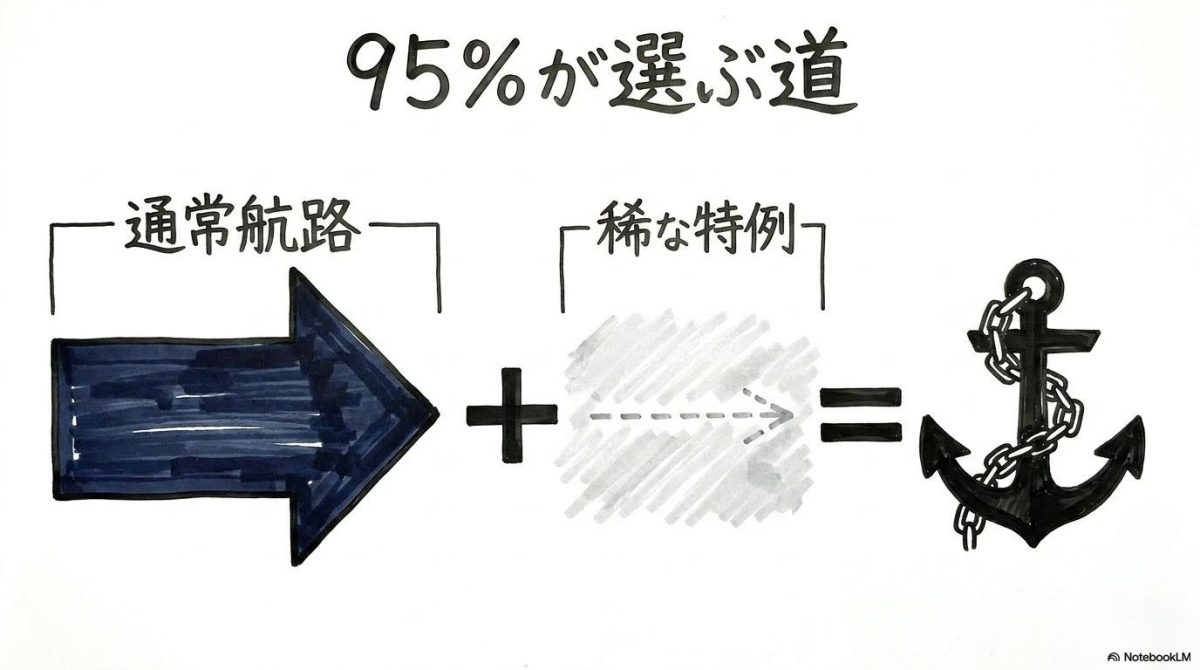 [実際の航行ルートの偏り]の図解。大多数の船とごく一部の特例の差を数式図で表現した画像。