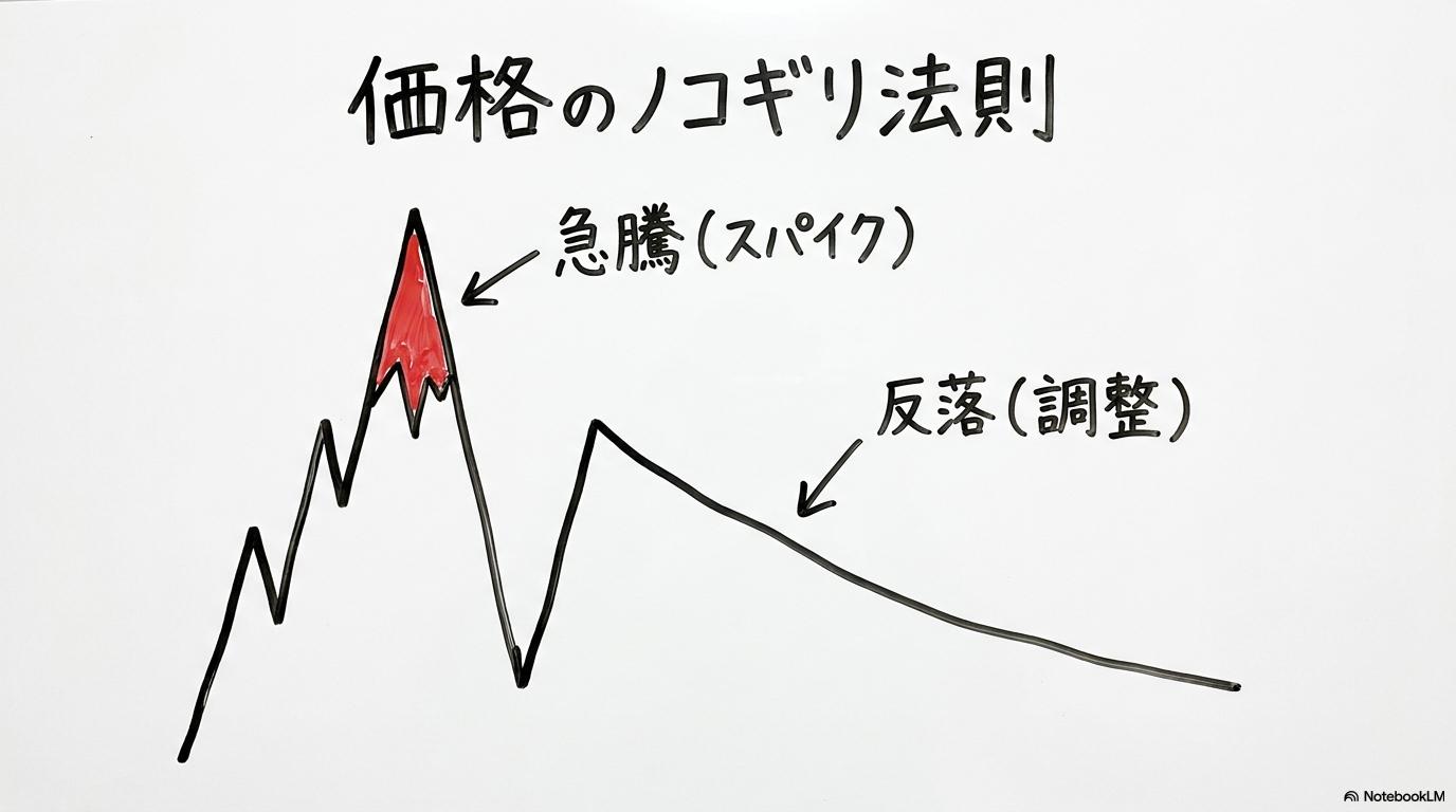 [過去の価格推移の結論]の図解。急騰と反落を繰り返すノコギリ形のパターンをVS図で表現した画像。