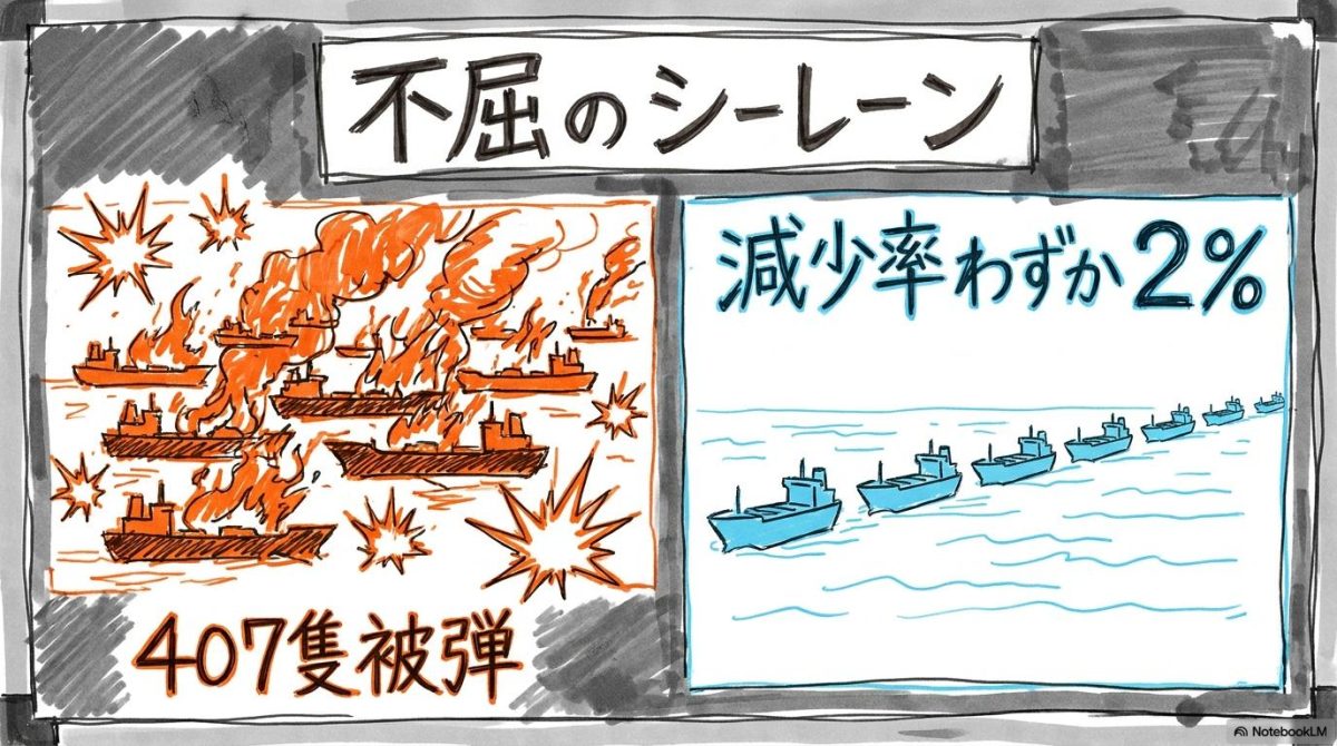 [タンカー戦争の実態]の図解。激しい攻撃と、意外なほど維持された通航量をビフォーアフター形式で表現した画像。