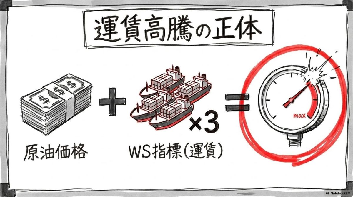 [ワールドスケール（WS）の仕組み]の図解。運賃指標の高騰が最終的な物価に波及する様子を数式図で表現した画像。