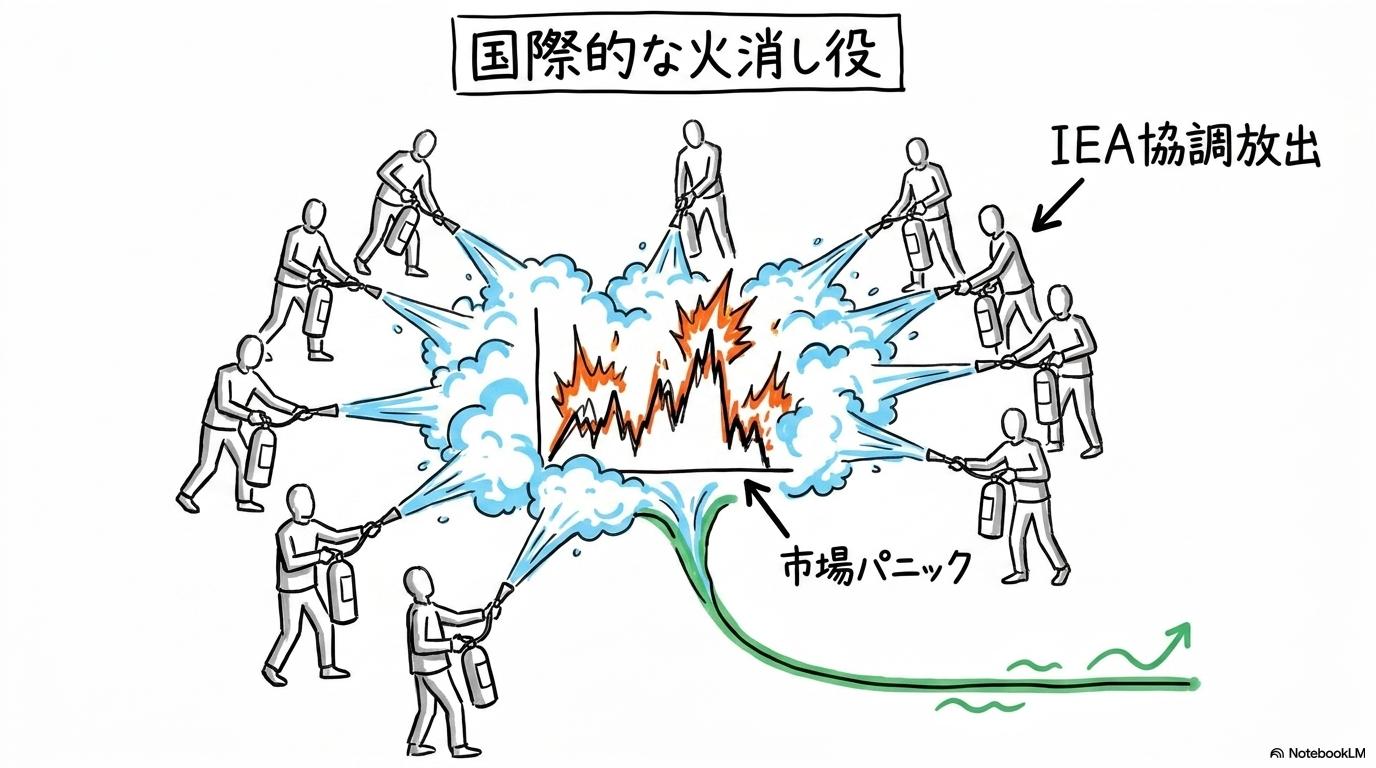 [IEA協調放出の仕組み]の図解。各国が協力して市場の暴騰を抑える様子をセンター配置で表現した画像。