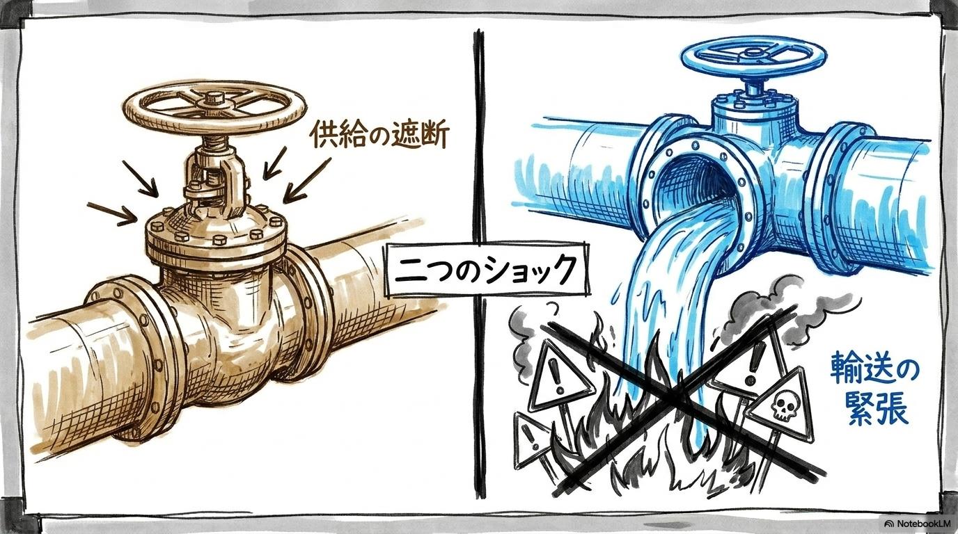 [オイルショックとの比較]の図解。1970年代の供給制限と現代の輸送障害をスプリット構図で表現した画像。