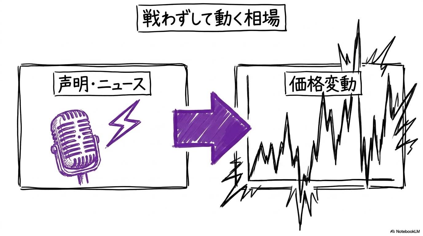 [口先介入の仕組み]の図解。政治的声明が市場価格を乱高下させる様子をカード型で表現した画像。