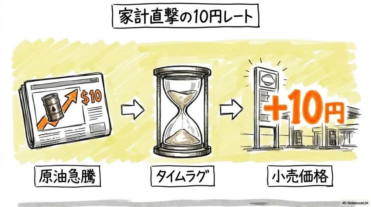 [日本国内への影響]の図解。原油価格の上昇がタイムラグを経てガソリン価格に波及する様子を3ステップ図で表現した画像。