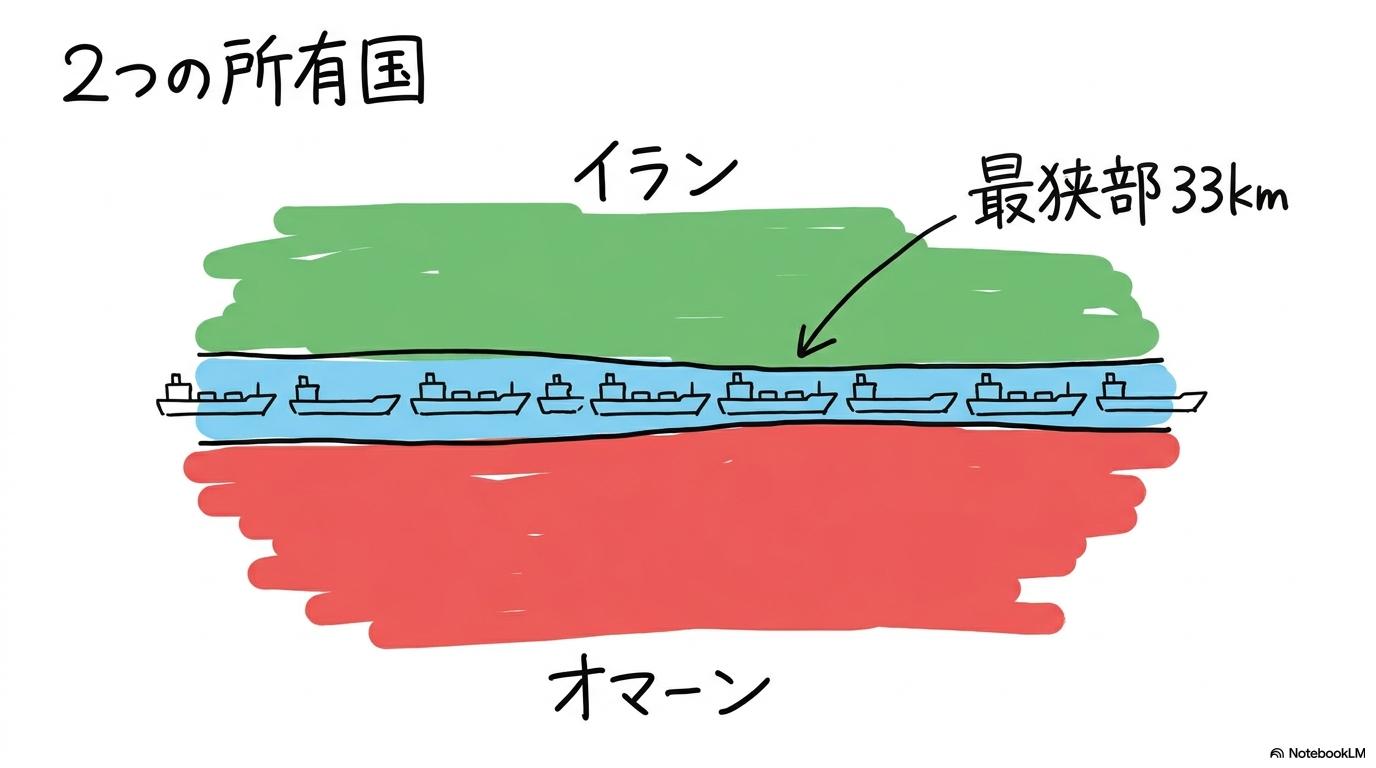ホルムズ海峡の所有国がイランとオマーンであることを示す図解。上下に両国の領土を配置し、中央の狭い航路をタンカーが通る様子をカード型で表現した画像。