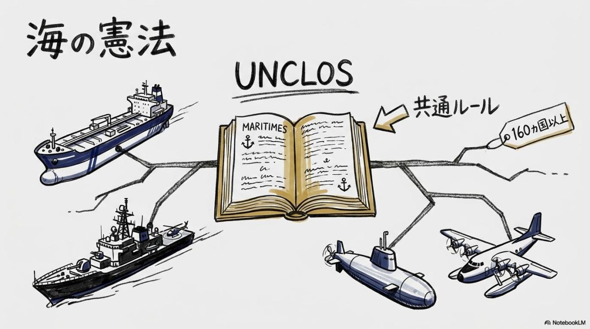 国連海洋法条約(UNCLOS)を「海の憲法」として中央に配し、様々な船舶や航空機に適用される共通ルールであることをセンター配置で表現した図解画像。
