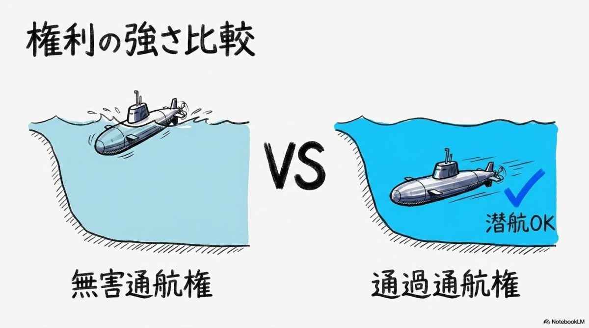 無害通航権と通過通航権の違いをVS図で表現。潜水艦の航行ルールの違いを例に、通過通航権の自由度の高さを視覚化した画像。