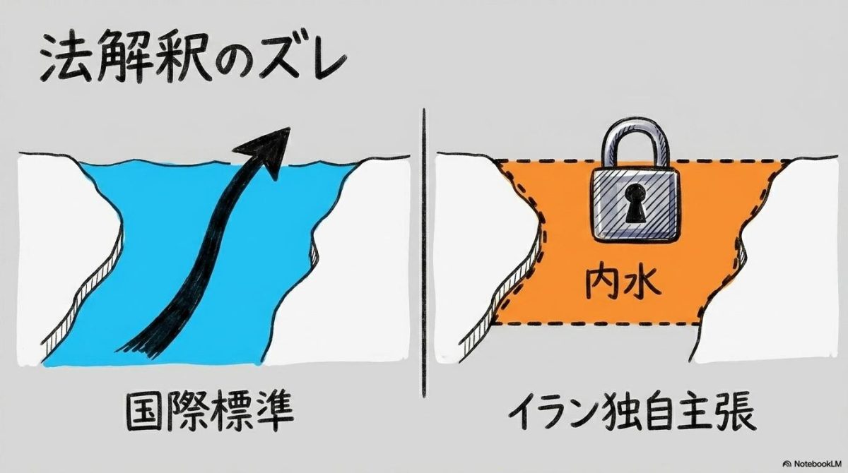 国際社会とイランの法解釈の違いをスプリット構図で表現。領海基線の引き方によって「通り道」か「内水」かが変わる矛盾を視覚化した画像。