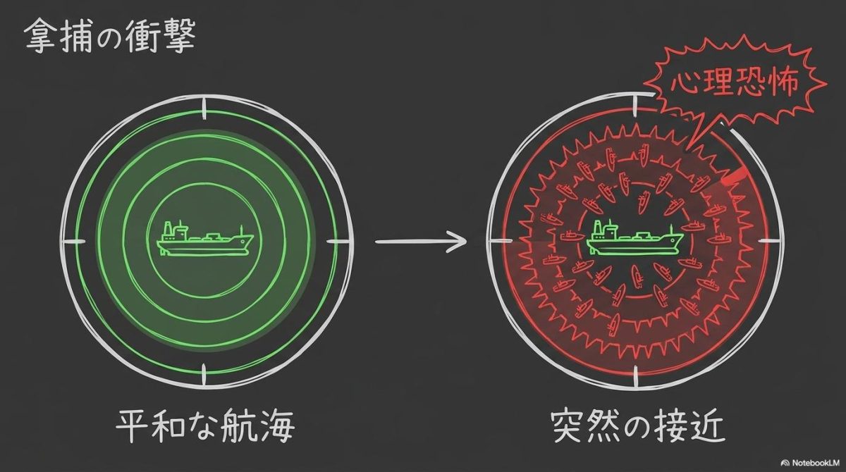 拿捕事件発生時のレーダー画面をイメージしたビフォーアフター図。接近する高速ボートによる心理的ストレスを視覚的に表現した画像。