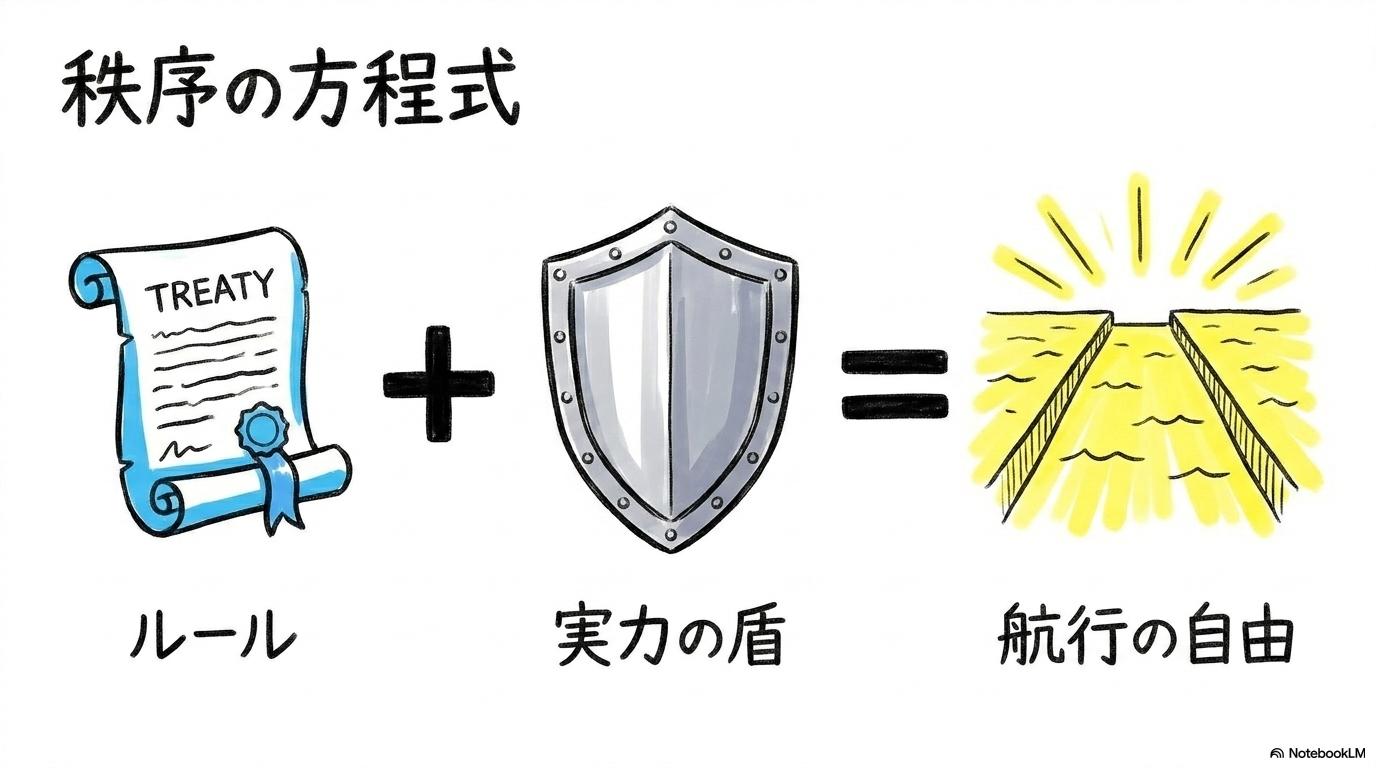 国際法と第5艦隊の存在が合わさることで「航行の自由」が保たれることを数式図で表現した画像。実力の裏付けの重要性を視覚化。