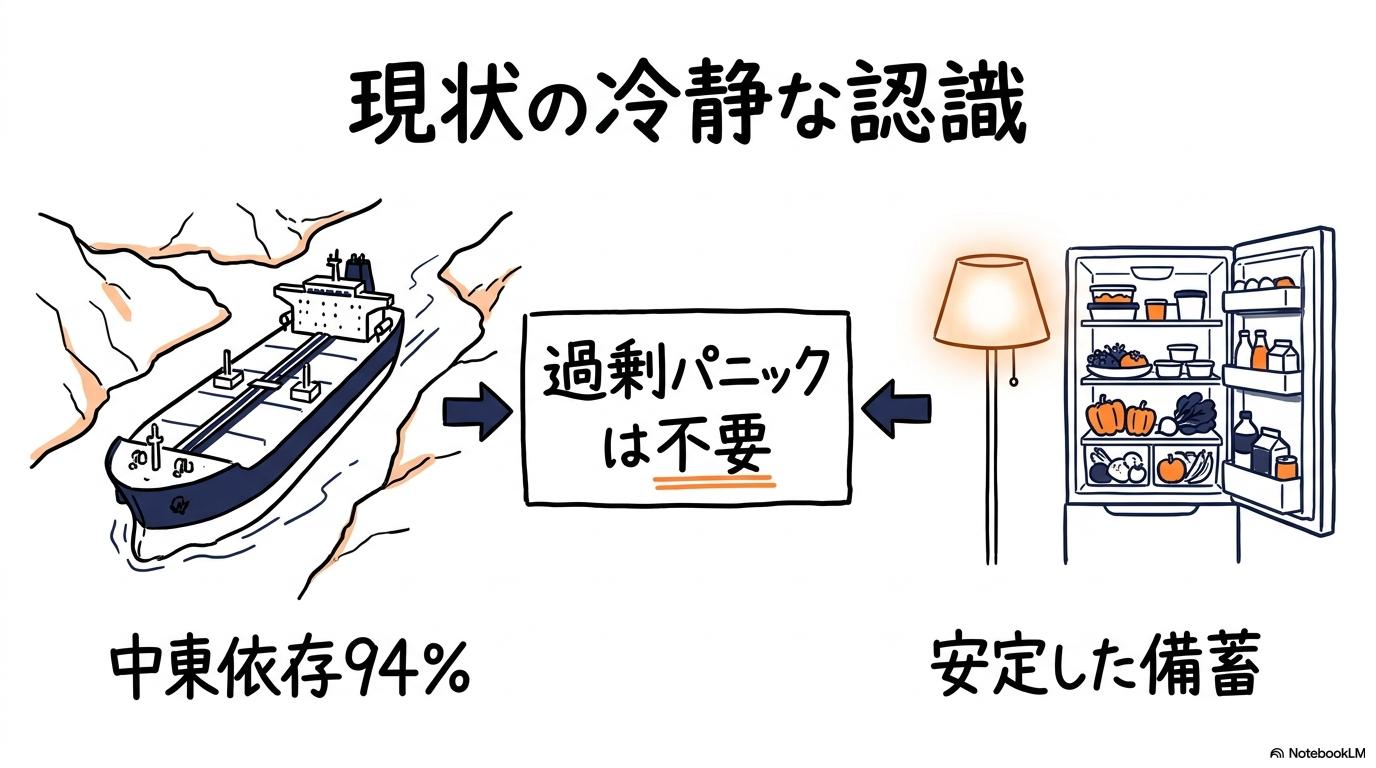 結論：ホルムズ海峡は「やばい」が、明日生活が破綻するパニックにはならないの図解。左側の中東依存リスクと右側の日本の生活の安定性を、スプリット（左右分割）で表現した画像。