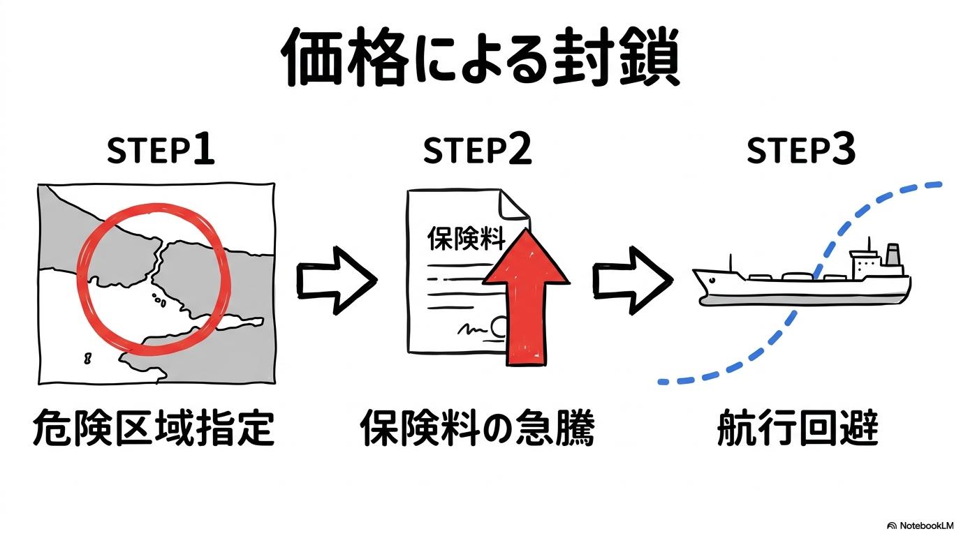 ホルムズ海峡が「やばい」と言われる要因：戦時割増保険料による海運コスト高騰の図解。危険区域指定から航行回避までのプロセスを、3ステップ図で表現した画像。