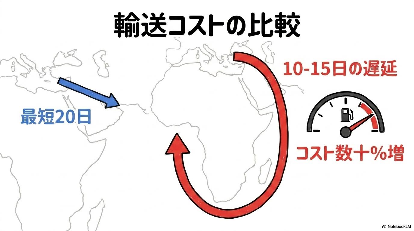 喜望峰迂回ルートを選択した場合の輸送日数と燃料費の増加試算の図解。通常ルートと迂回ルートの距離と日数の違いを、VS図（対決）で表現した画像。