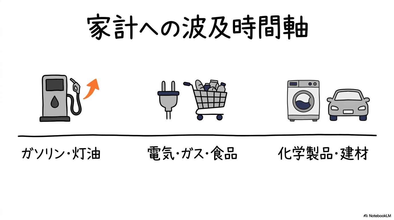 ホルムズ海峡の「やばい」情勢とガソリン代：家計への具体的影響を予測の図解。価格上昇が時間差で波及する流れを、3ステップ図で表現した画像。