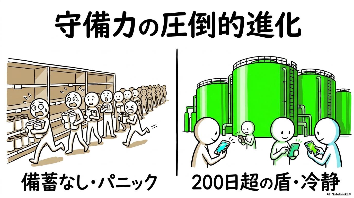 ホルムズ海峡の「やばい」データ調査：過去の中東危機と市場の反応比較の図解。1970年代の脆弱性と現代の強固な備蓄体制の違いを、VS図（対決）で表現した画像。