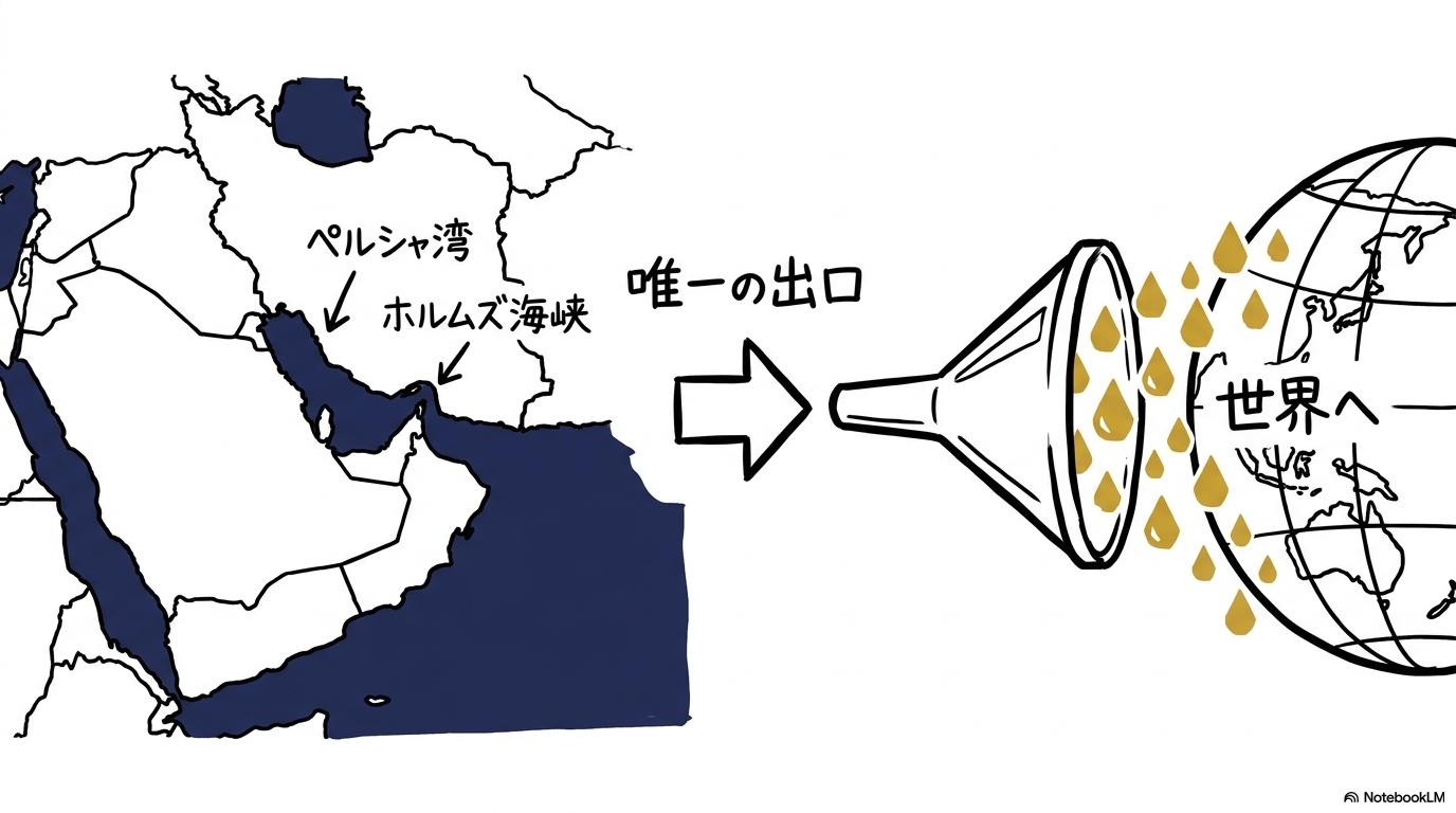 ホルムズ海峡の場所の図解。ペルシャ湾の唯一の出口として、石油が世界へ流れ出す様子をスプリット構図で表現した画像。