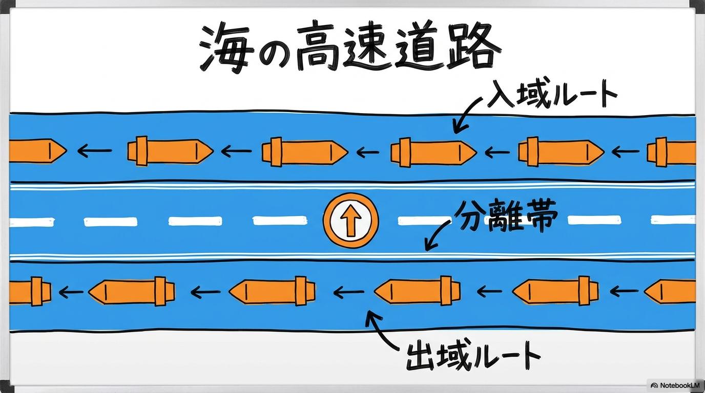 分離通航方式（TSS）の図解。海峡内の航路が一方通行のレーンで分けられている仕組みを3ステップ図で表現した画像。
