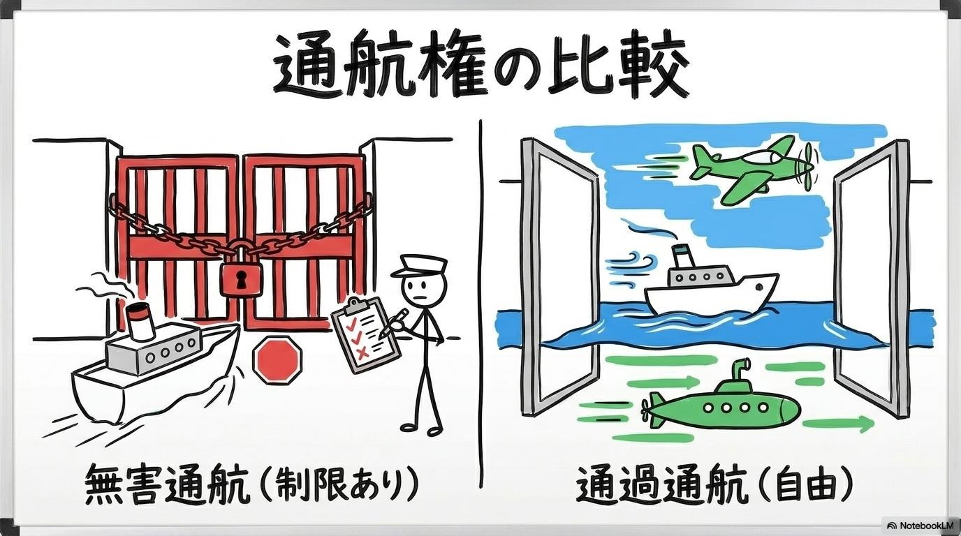通過通航権と無害通航権の比較図解。国際海峡における自由な通航ルールをVS図で表現した画像。