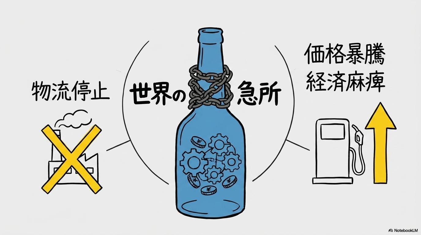 チョークポイント・リスクの図解。海峡の封鎖が世界経済に与える影響をボトルネックのメタファーで表現した画像。