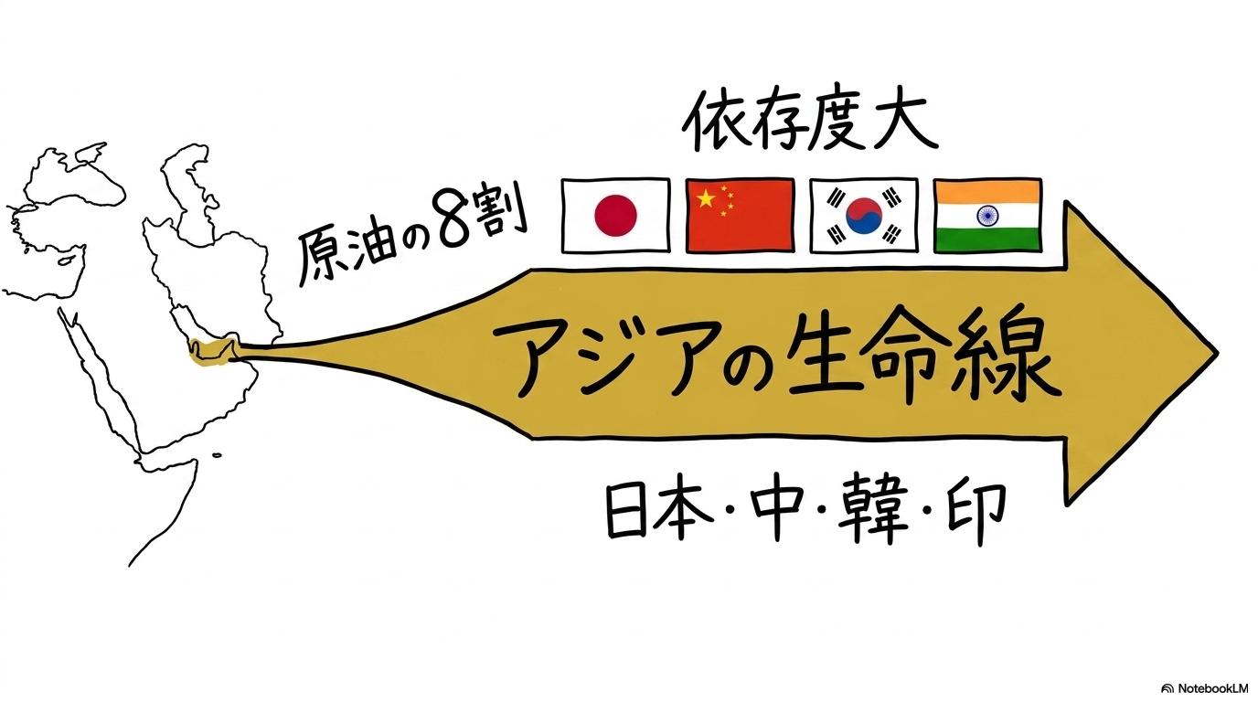 アジア諸国のエネルギー依存構造の図解。中東からの石油がホルムズ海峡を経てアジアへ向かう流れをセンター配置で表現した画像。