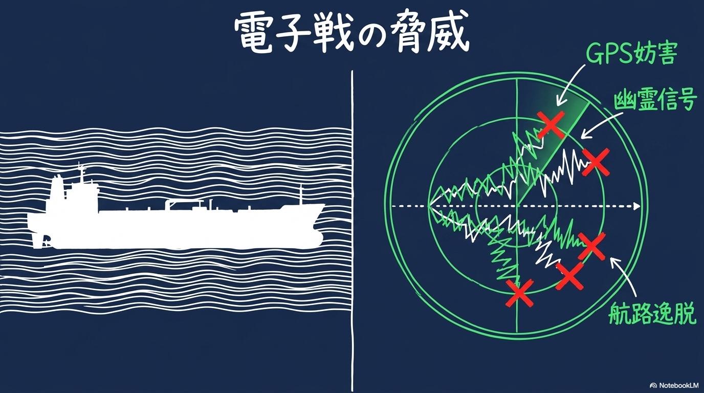 海峡航行における電子的脅威の図解。GPS妨害（スプーフィング）がタンカーに与える影響をスプリット構図で表現した画像。