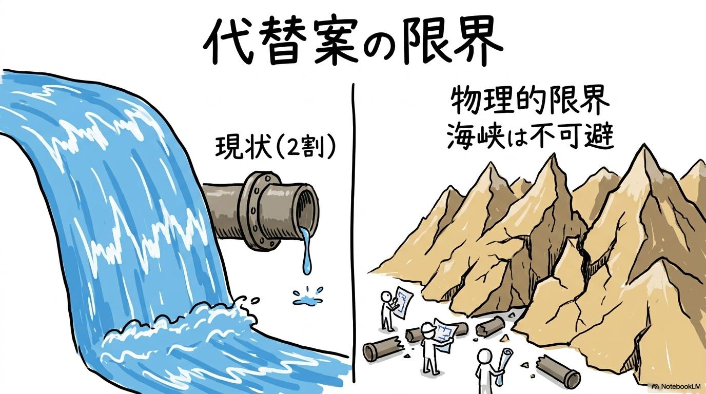 代替パイプラインの限界の図解。ホルムズ海峡を避けるルートの輸送能力の低さをビフォーアフター構図で表現した画像。