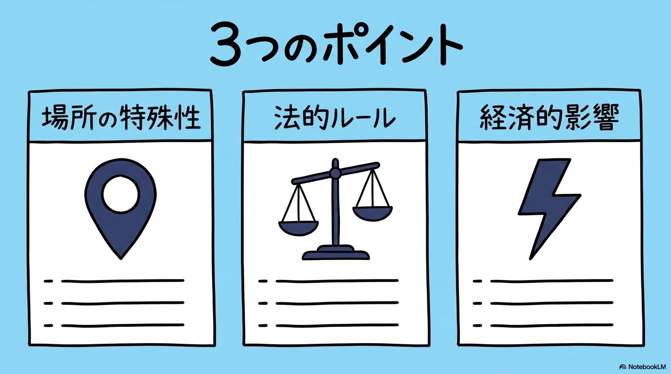 ホルムズ海峡の地政学リスクの総括図解。場所、ルール、影響の3点をカード型で整理した画像。