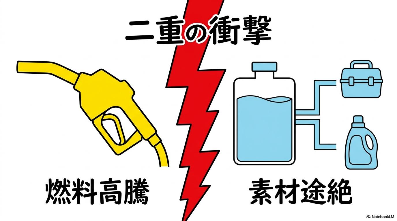 【結論】ホルムズ ショックとは？の図解。燃料高騰と素材途絶の関係性を、スプリット（左右分割）で表現した画像。