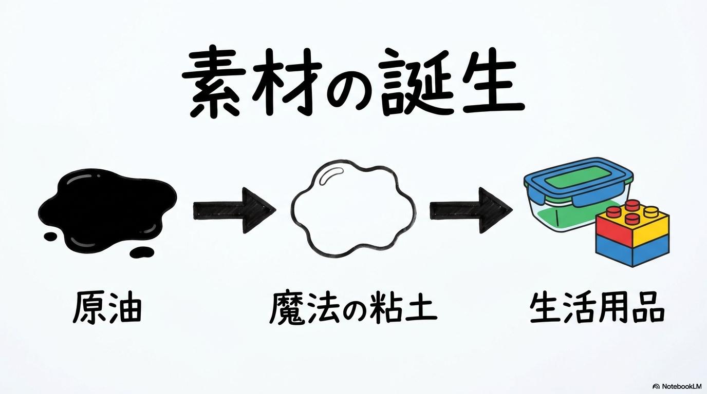 【図解】魔法の粘土「ナフサ」から全ての生活用品が生まれるまでの図解。原油と魔法の粘土の関係性を、3ステップ図で表現した画像。